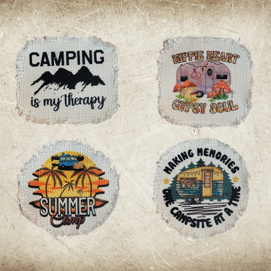 Camping Frayed Sublimation Hat Patches - Designodeal