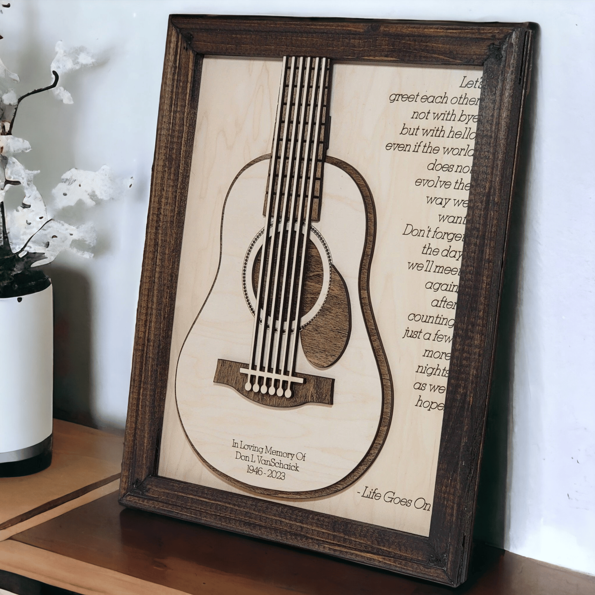 Personalized Guitar Memorial Sign made of layered maple wood