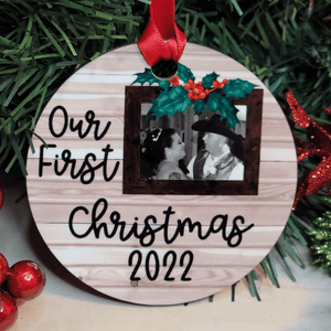 Rustic Our First Christmas With Photo Christmas Ornament - Designodeal