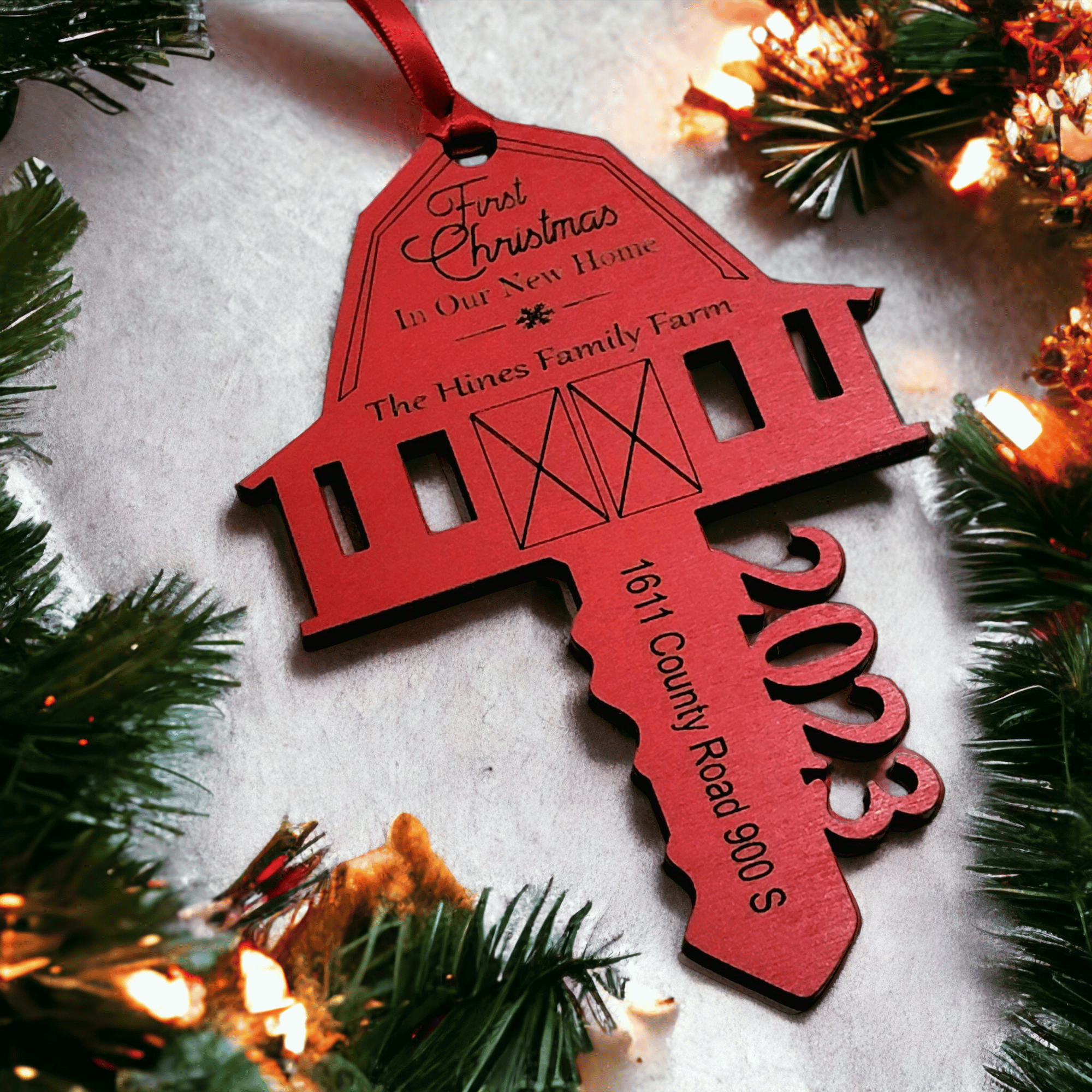 Farmhouse Red Barn New Home Personalized Ornament