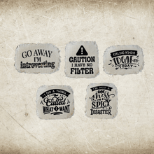 Load image into Gallery viewer, Sarcastic and funny sayings sublimated on white frayed hat patches
