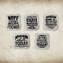 Load image into Gallery viewer, Sarcastic and funny sayings sublimated on white frayed hat patches
