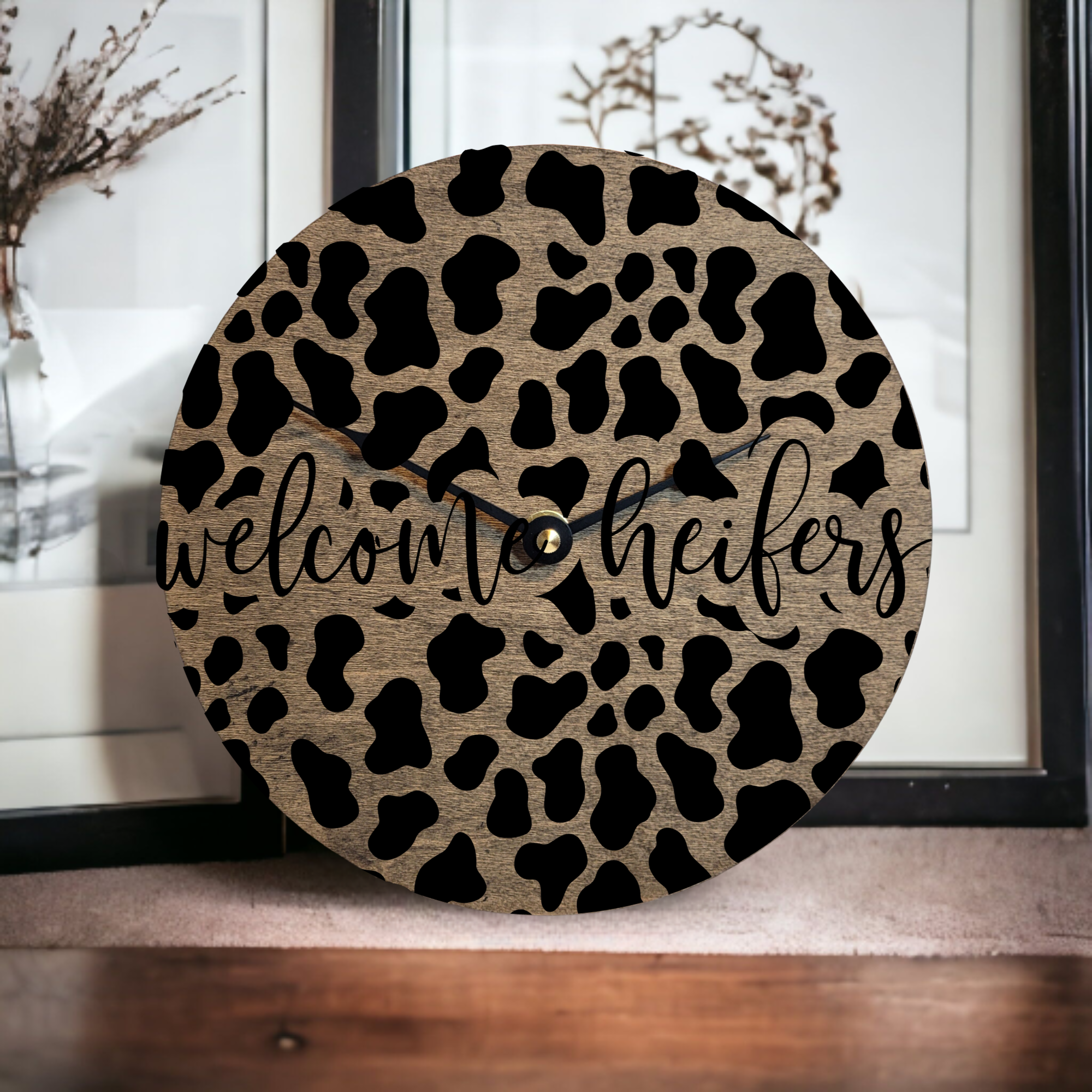 Welcome Heifers Cow Print Farmhouse Clock