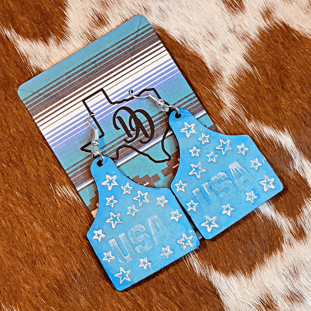 Baby Blue USA Cow Tag Leather Earrings - Designodeal