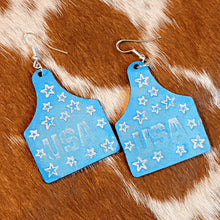 Load image into Gallery viewer, Baby Blue USA Cow Tag Leather Earrings - Designodeal
