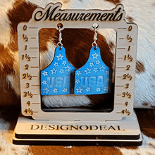 Load image into Gallery viewer, Baby Blue USA Cow Tag Leather Earrings - Designodeal
