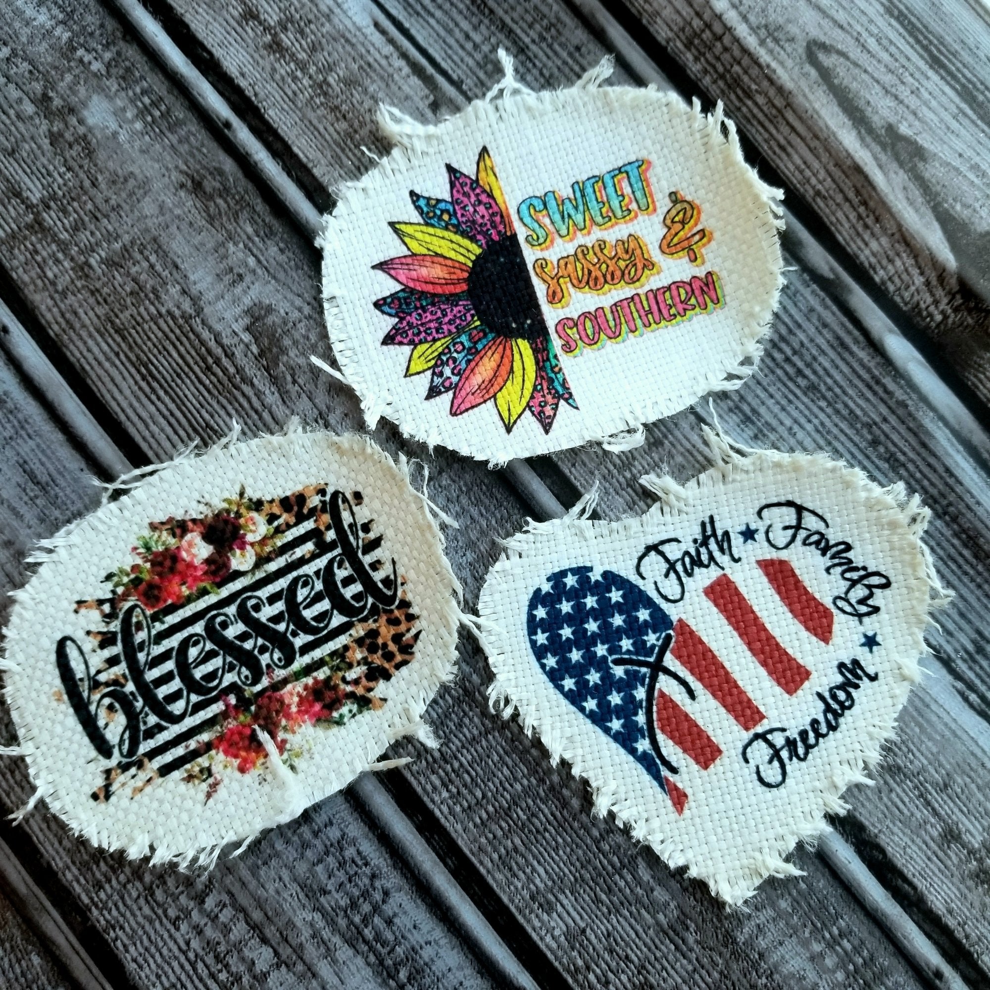 Blessed, Sweet Sassy & Southern, and Faith, Family & Freedom Raggedy Hat Patches - Designodeal