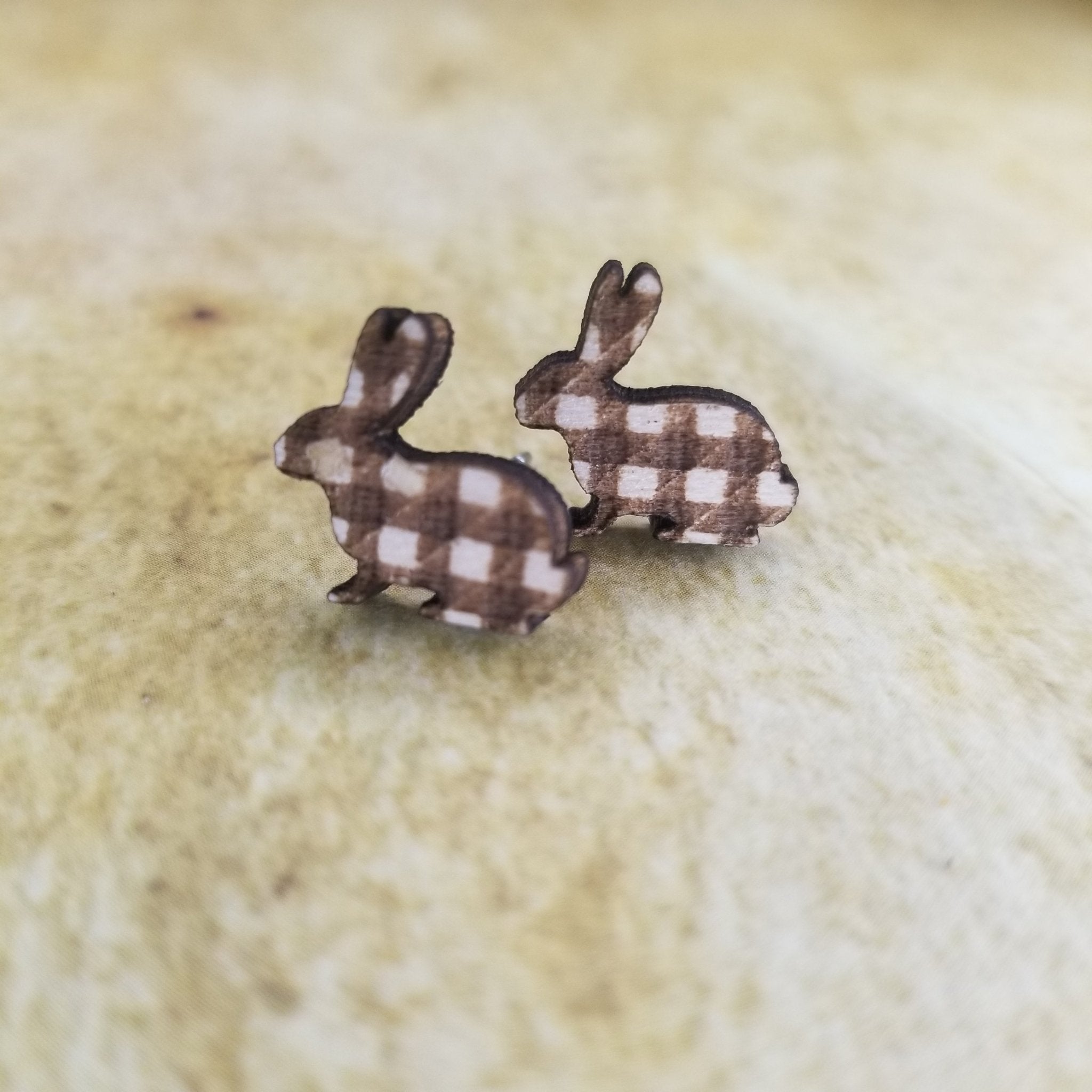 Bunny Rabbit Plaid Maple Wood Stud Earrings - Designodeal