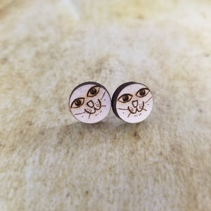 Cat Face Round Maple Wood Stud Earrings - Designodeal