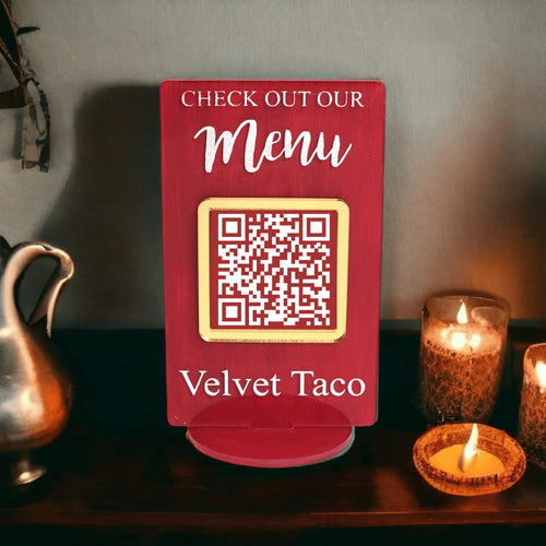 Check Out Our Menu Mini Social Media QR Code Acrylic Sign - Designodeal