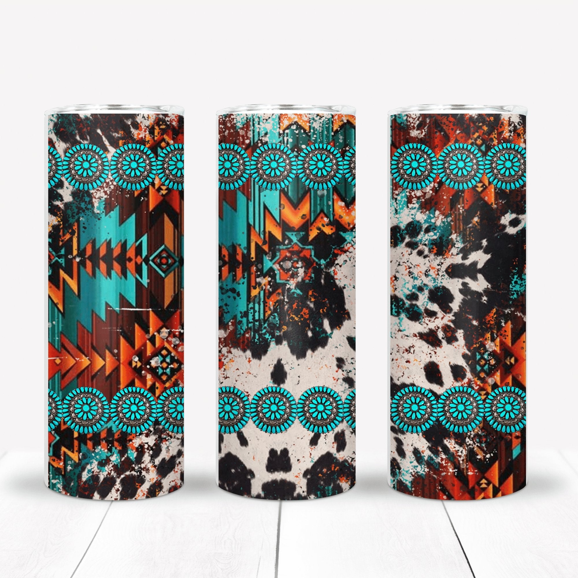 Cowhide Aztec Turquoise Sublimation Tumbler 20oz Straight - Designodeal