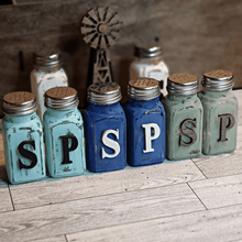 Load image into Gallery viewer, Distressed chalk painted glass salt &amp; pepper shakers with painted letters made of maple wood
