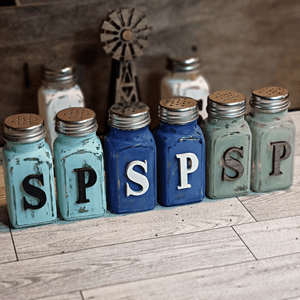 Distressed chalk painted glass salt & pepper shakers with painted letters made of maple wood