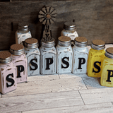Distressed chalk painted glass salt & pepper shakers with painted letters made of maple wood
