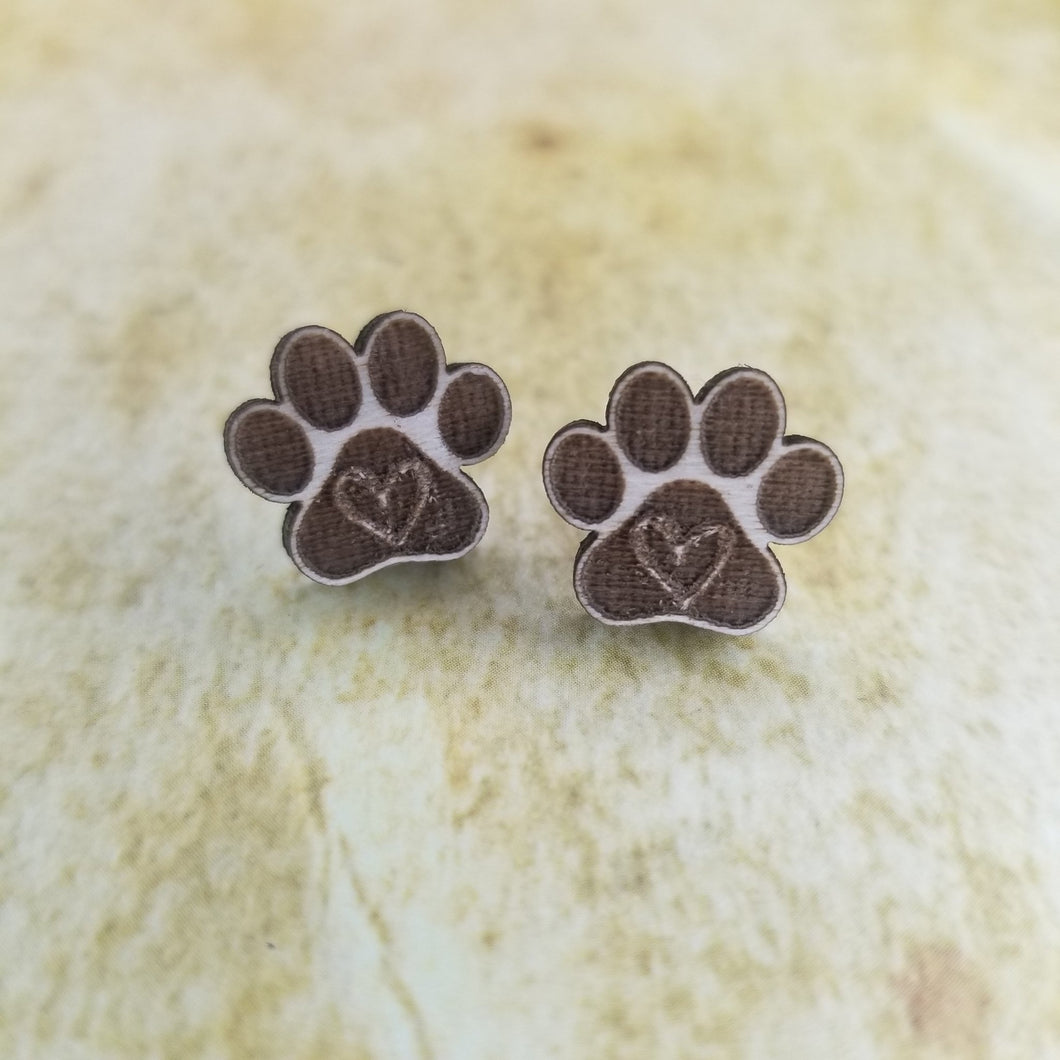 Dog Paw Heart Maple Wood Stud Earrings - Designodeal
