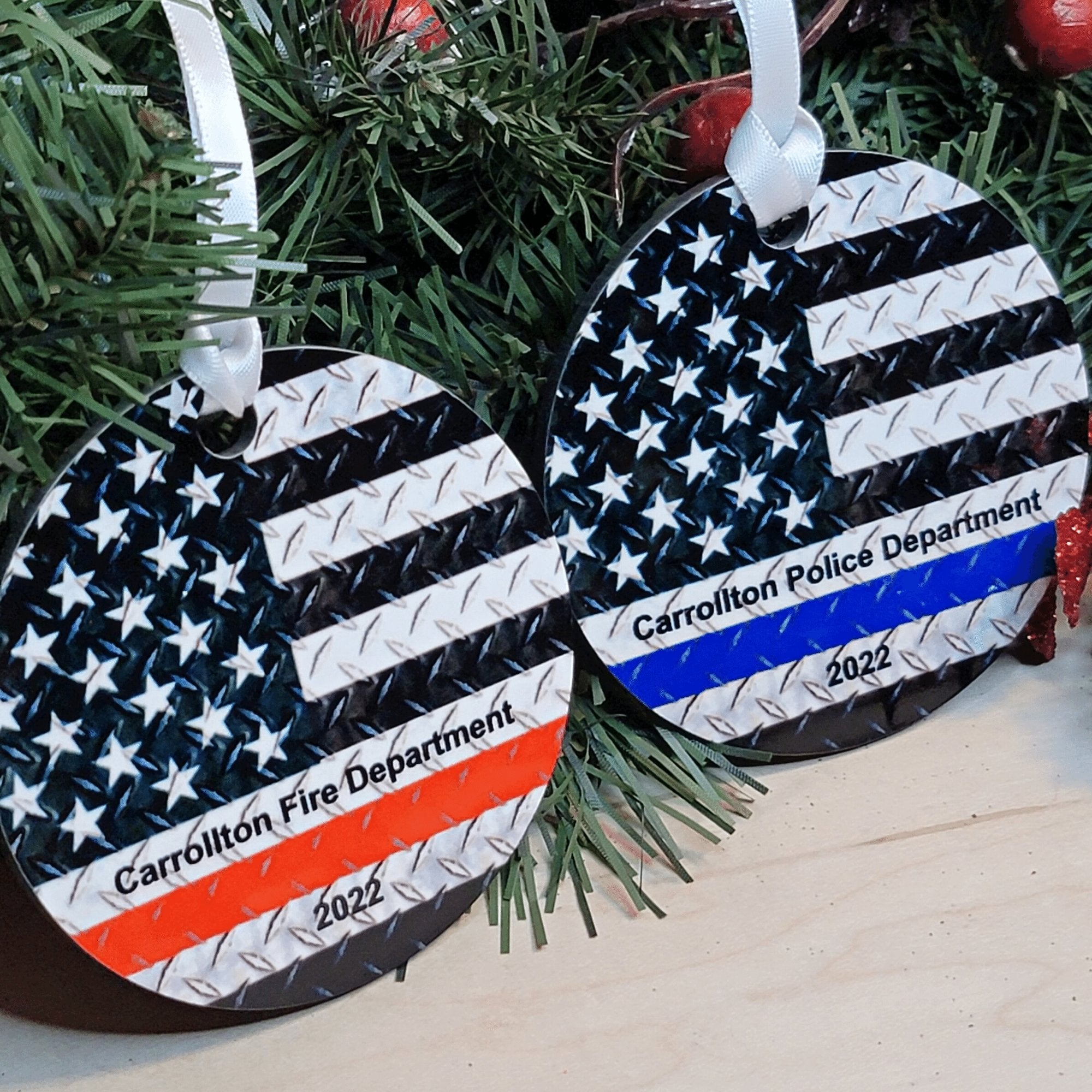 First Responder Blue Line & Red Line Chrome Flag Christmas Ornament - Designodeal