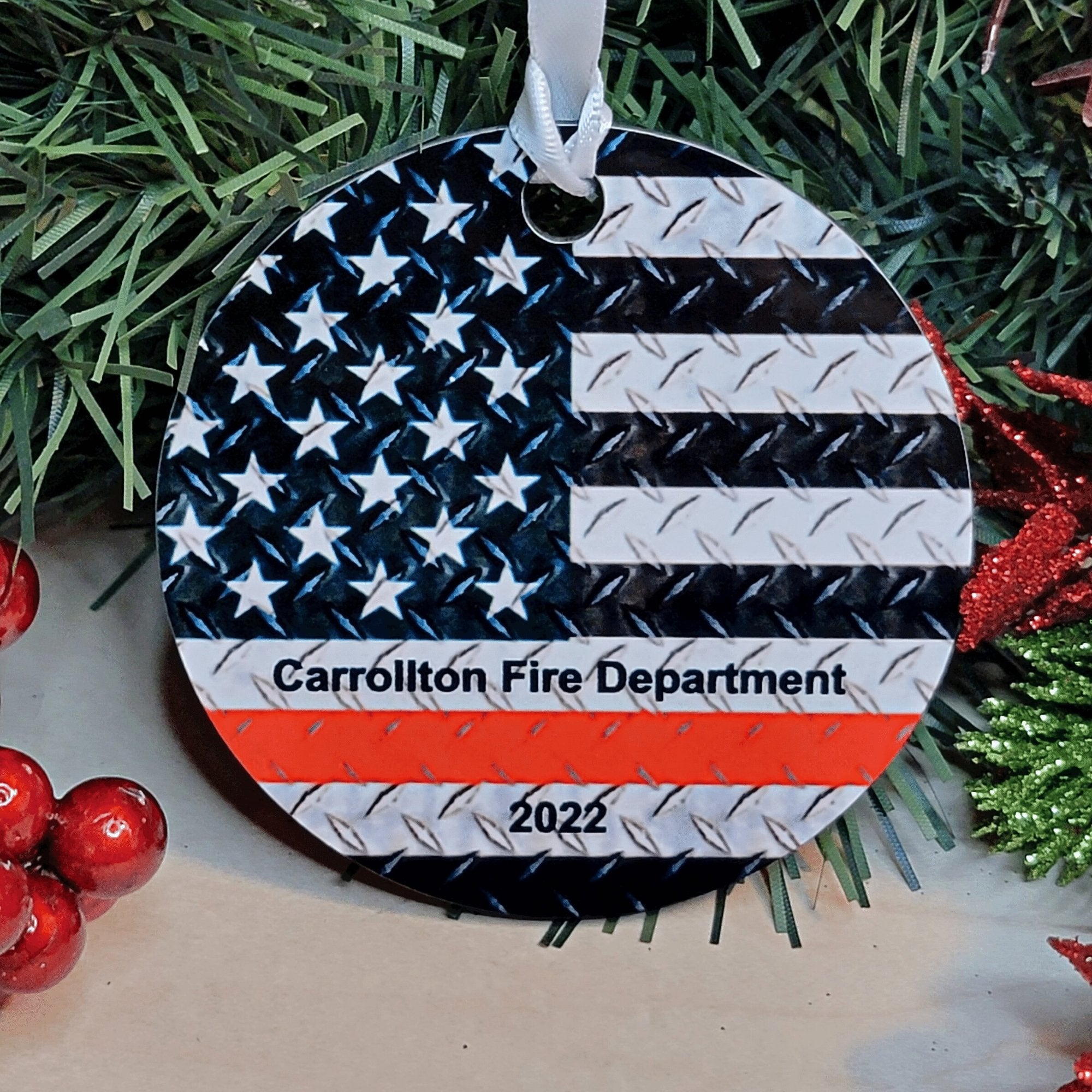 First Responder Blue Line & Red Line Chrome Flag Christmas Ornament - Designodeal