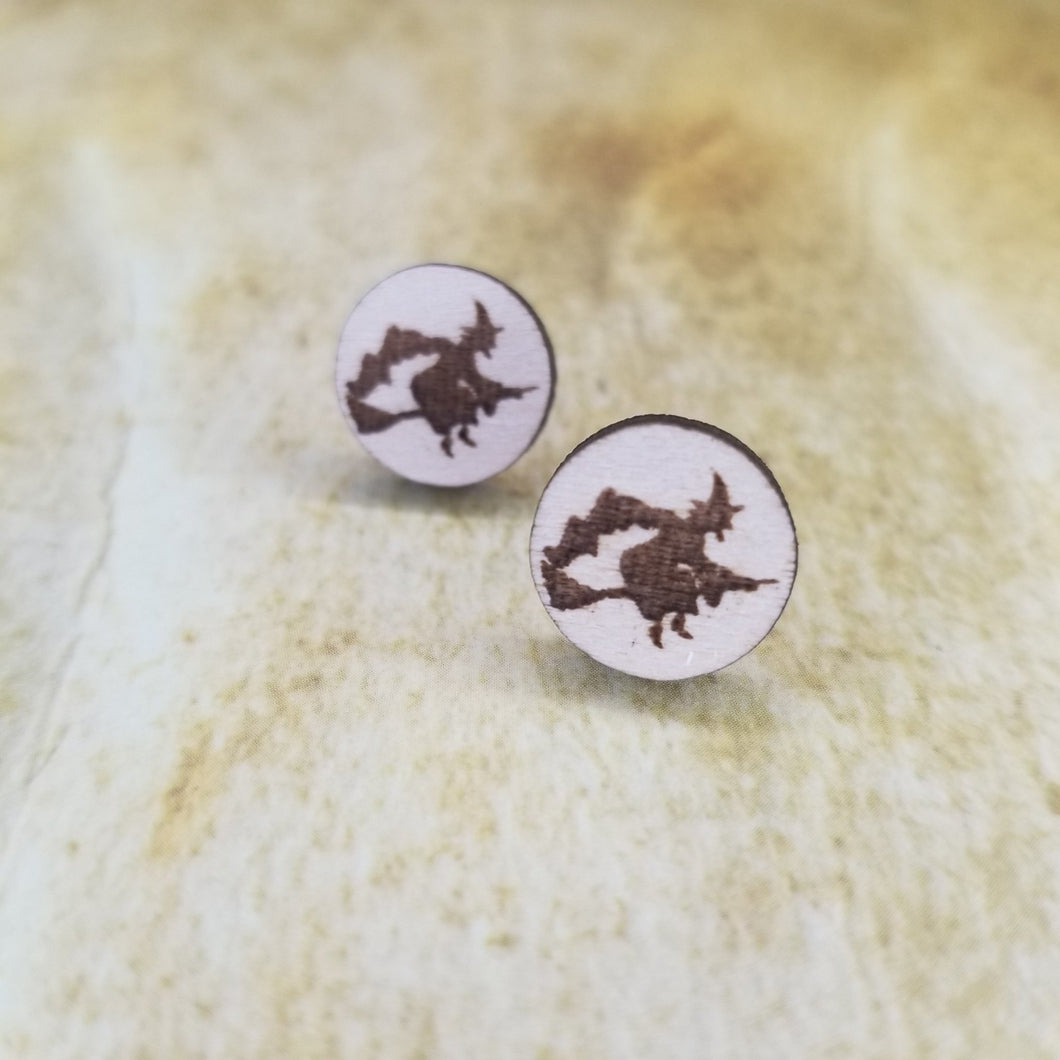 Flying Witch Round Maple Wood Stud Earrings - Designodeal