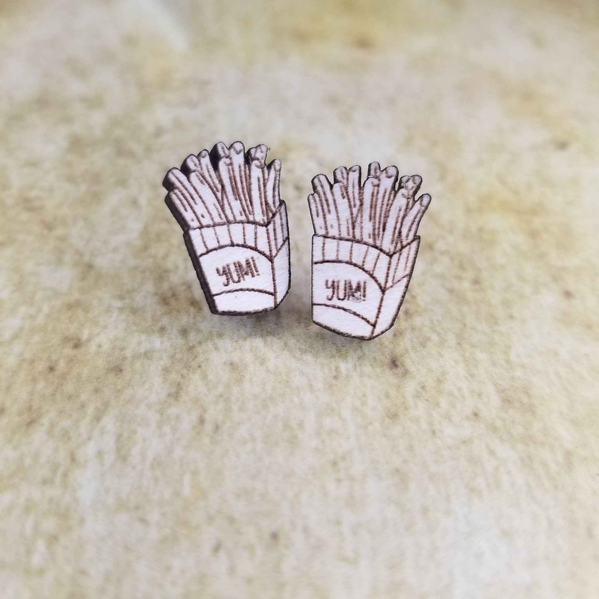 French Fries Maple Wood Stud Earrings