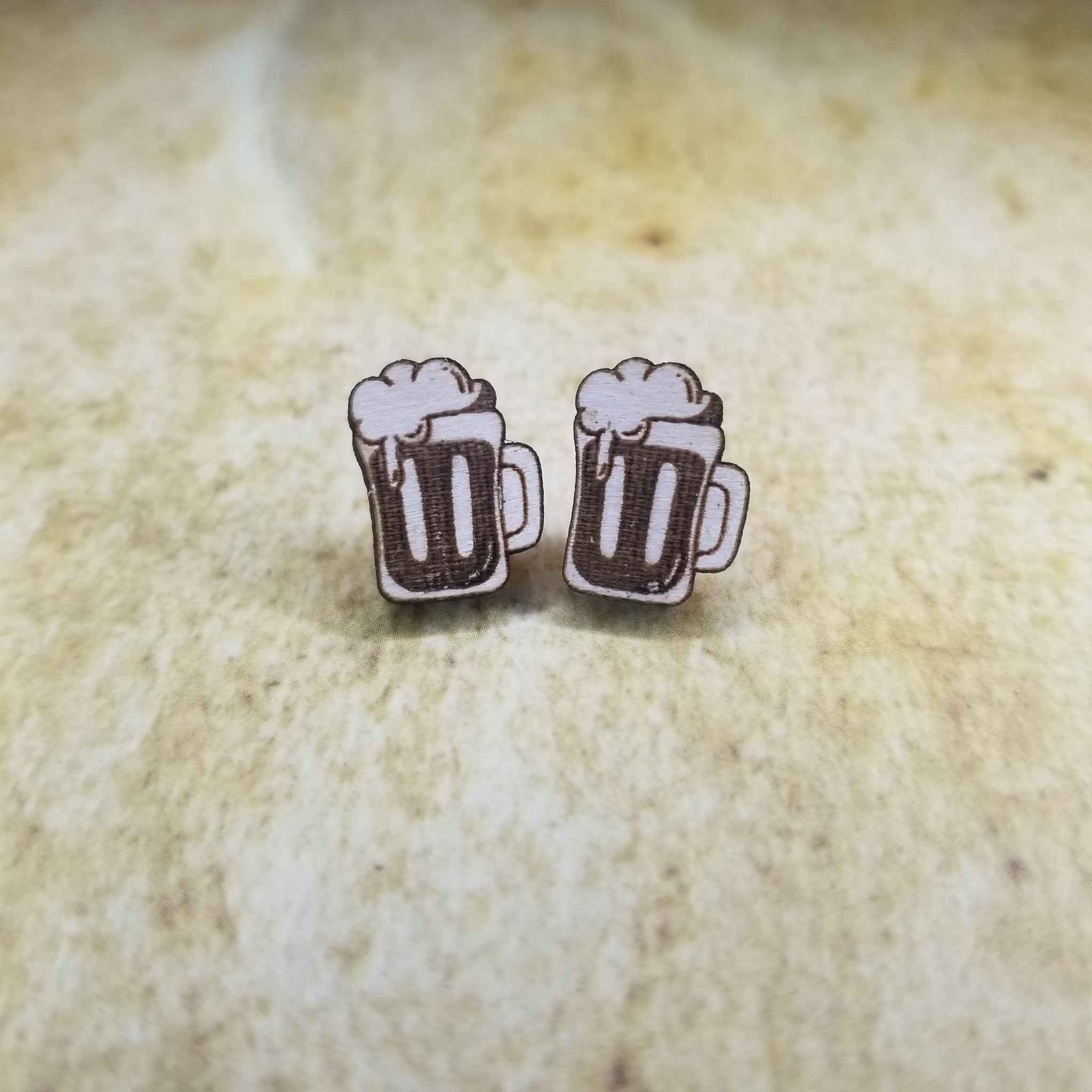 Frosty Beer Mug Maple Wood Stud Earrings