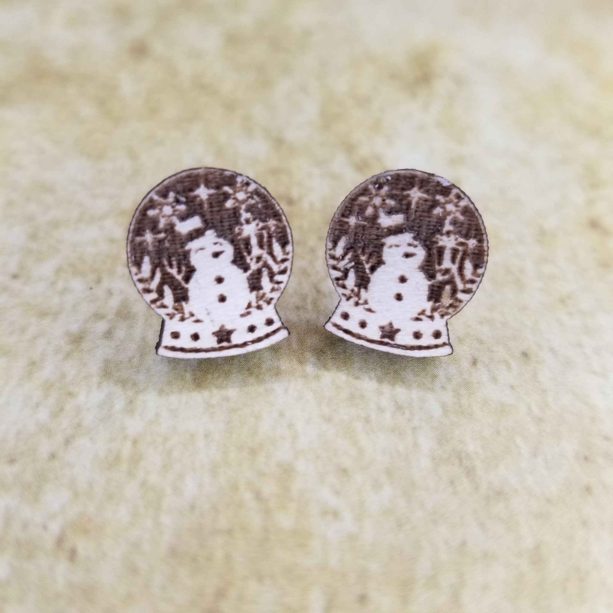 Frosty the Snowman Snow Globe Maple Wood Stud Earrings