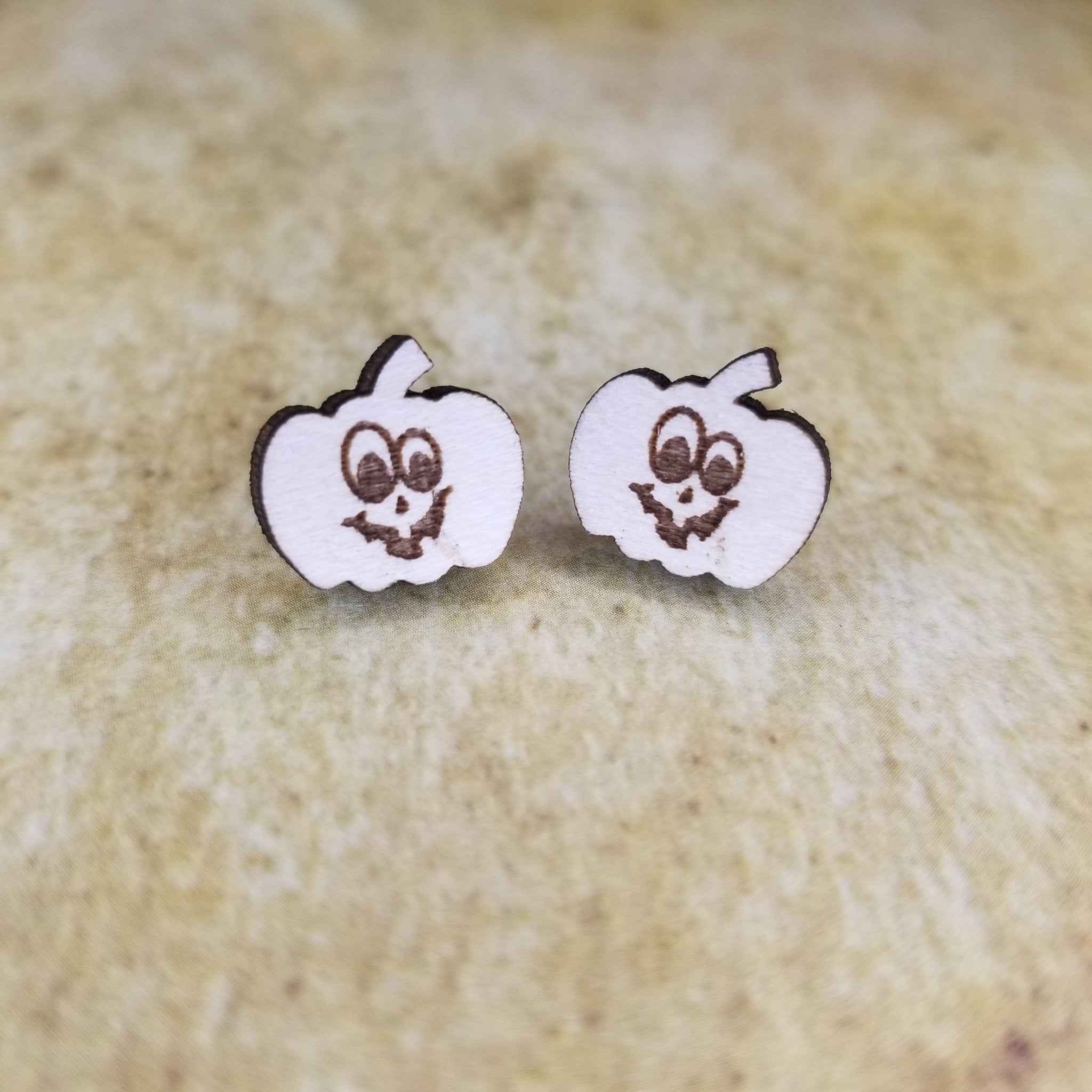 Goofy Halloween Pumpkin Maple Wood Stud Earrings
