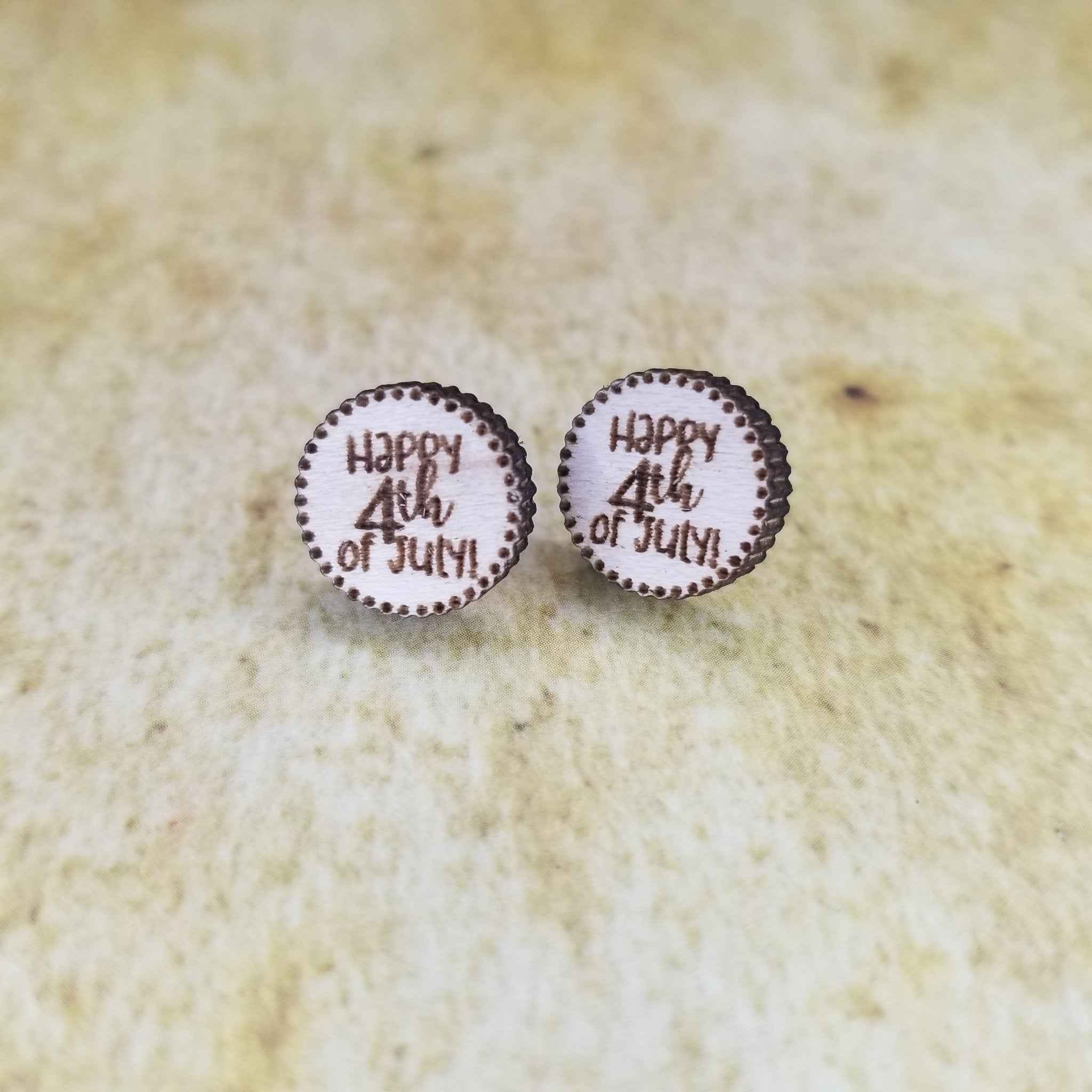 Happy 4th of July Round Maple Wood Stud Earrings
