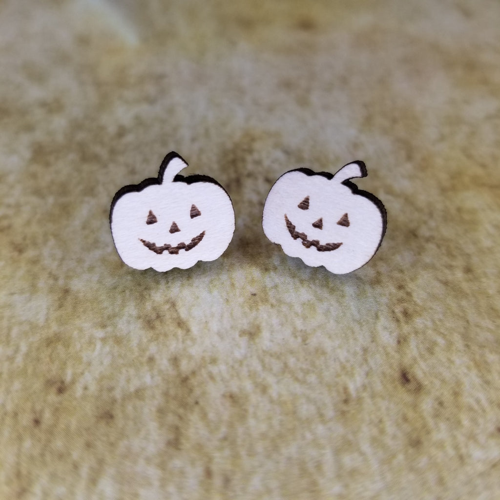 Happy Halloween Pumpkin Maple Wood Stud Earrings - Designodeal