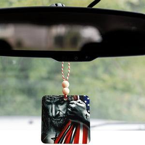 Jesus Christ with American Flag Car Charm Rear View Mirror Ornament - Designodeal