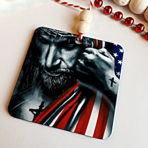 Jesus Christ with American Flag Car Charm Rear View Mirror Ornament - Designodeal