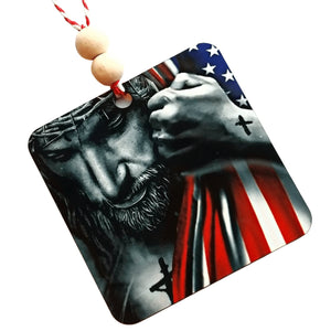 Jesus Christ with American Flag Car Charm Rear View Mirror Ornament - Designodeal