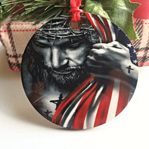 Jesus Christ with American Flag Christmas Ornament - Designodeal
