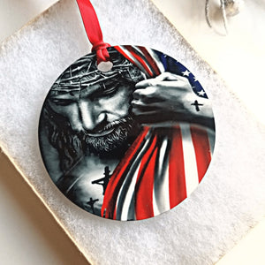 Jesus Christ with American Flag Christmas Ornament - Designodeal