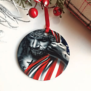 Jesus Christ with American Flag Christmas Ornament - Designodeal