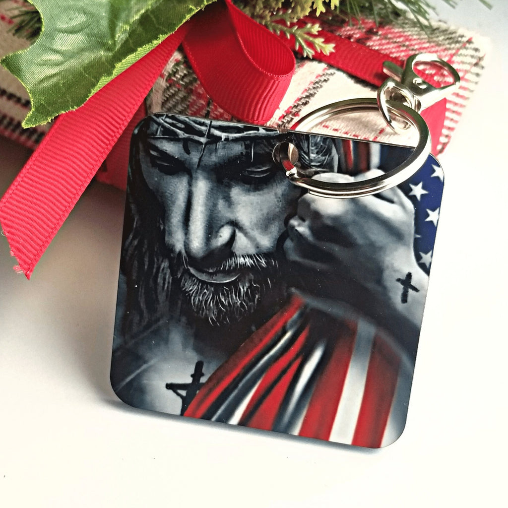 Jesus Christ with American Flag Keychain - Designodeal