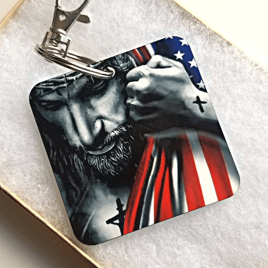 Jesus Christ with American Flag Keychain - Designodeal
