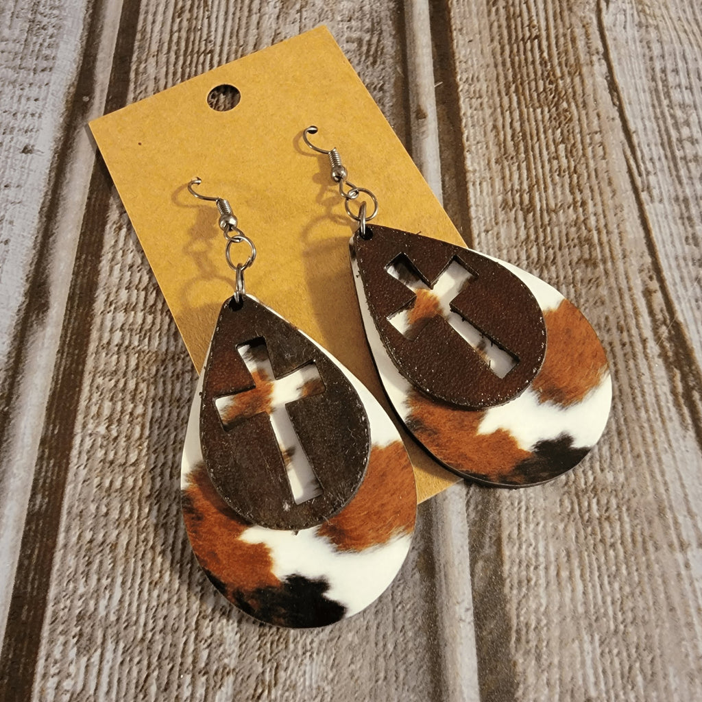 Leather Teardrop Cross with Faux Cow Hide Print on Wood Earrings - Designodeal