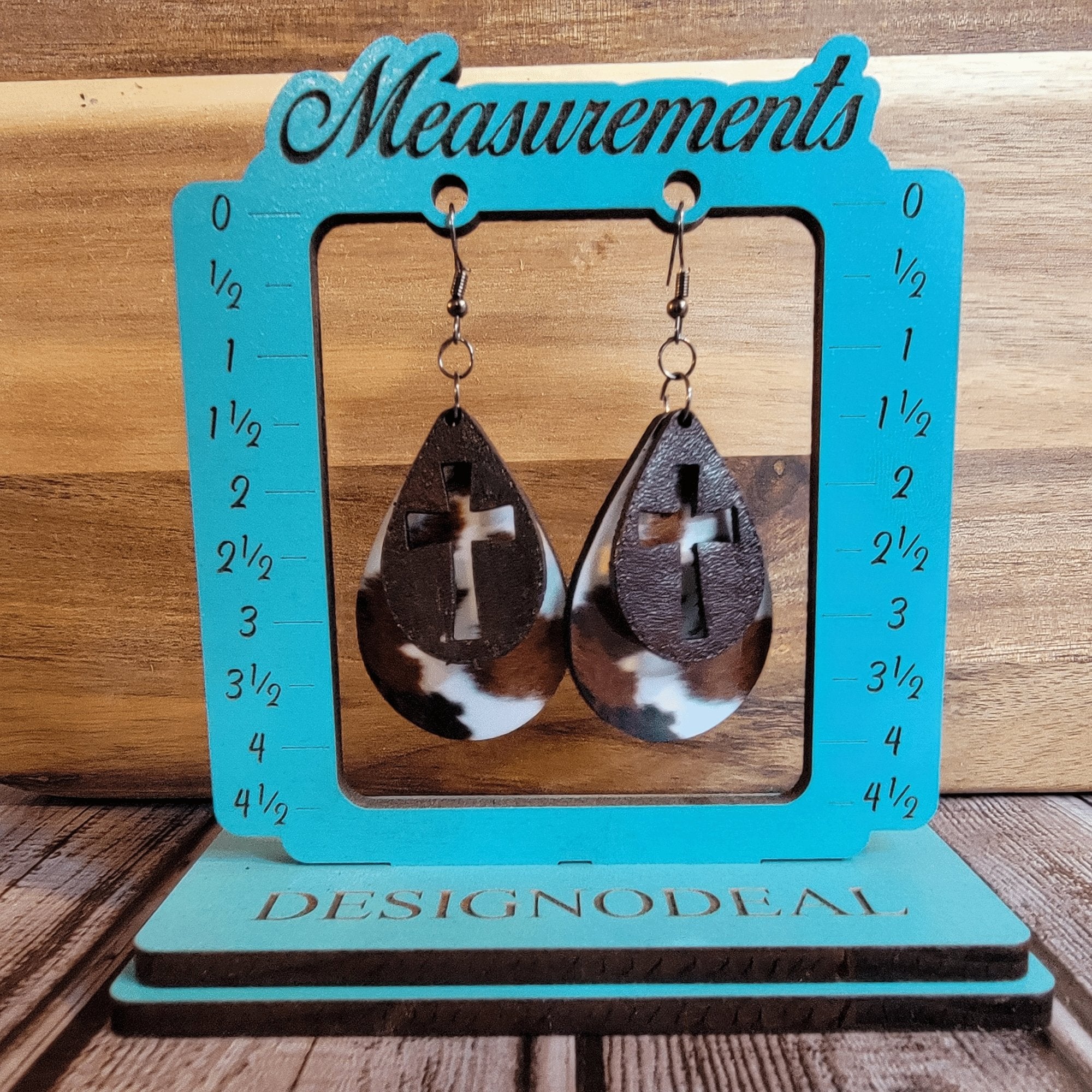 Leather Teardrop Cross with Faux Cow Hide Print on Wood Earrings - Designodeal