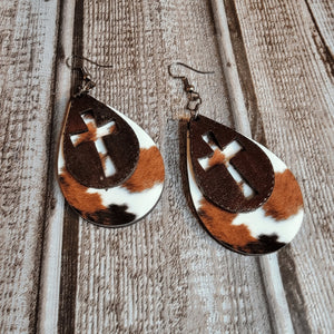 Leather Teardrop Cross with Faux Cow Hide Print on Wood Earrings - Designodeal