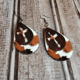 Leather Teardrop Cross with Faux Cow Hide Print on Wood Earrings - Designodeal