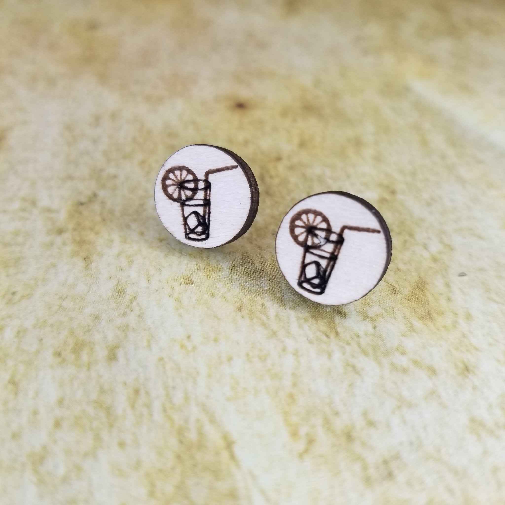 Lemonade Round Maple Wood Stud Earrings