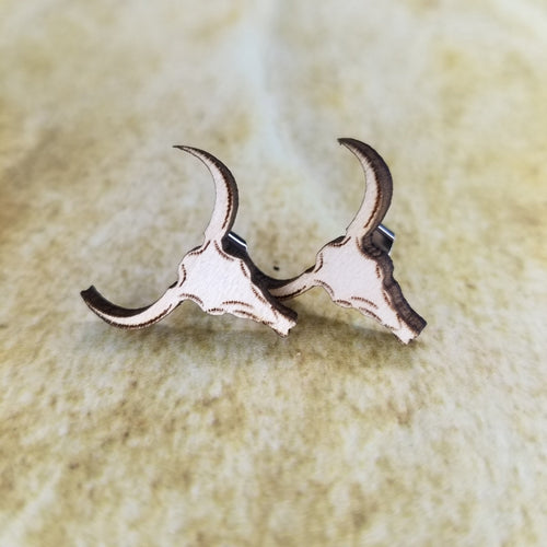 Longhorn Bull Skull Maple Wood Stud Earrings - Designodeal