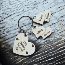 Load image into Gallery viewer, This Mom Belongs To personalized keychain with wood heart charms for mom and kids perfect for Mother&#39;s Day gifts
