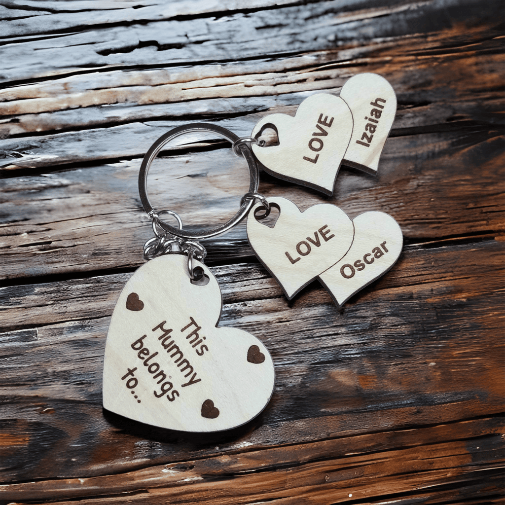 This Mom Belongs To personalized keychain with wood heart charms for mom and kids perfect for Mother's Day gifts