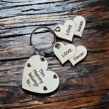 Load image into Gallery viewer, This Mom Belongs To personalized keychain with wood heart charms for mom and kids perfect for Mother&#39;s Day gifts
