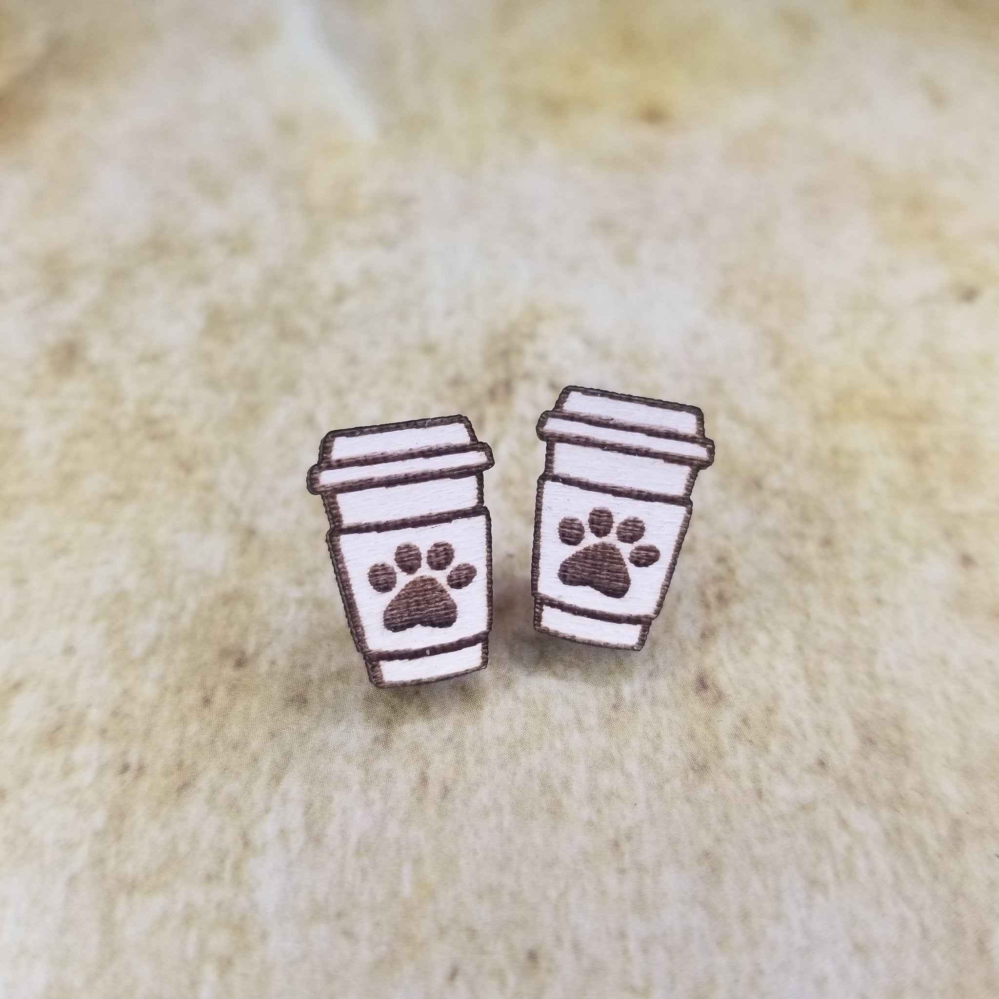 Paw Print Coffee Cup Maple Wood Stud Earrings