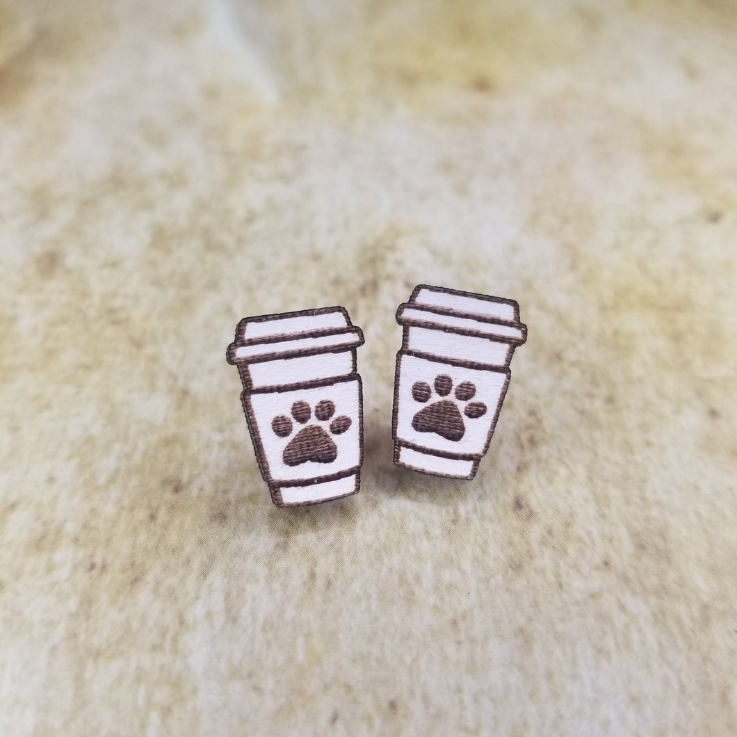 Paw Print Coffee Cup Maple Wood Stud Earrings - Designodeal