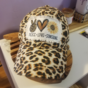 Peace Love Sunshine Ragged Patch Cheetah Print Hat