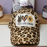 Peace Love Sunshine Ragged Patch Cheetah Print Hat