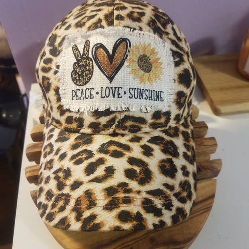 Peace Love Sunshine Ragged Patch Cheetah Print Hat - Designodeal